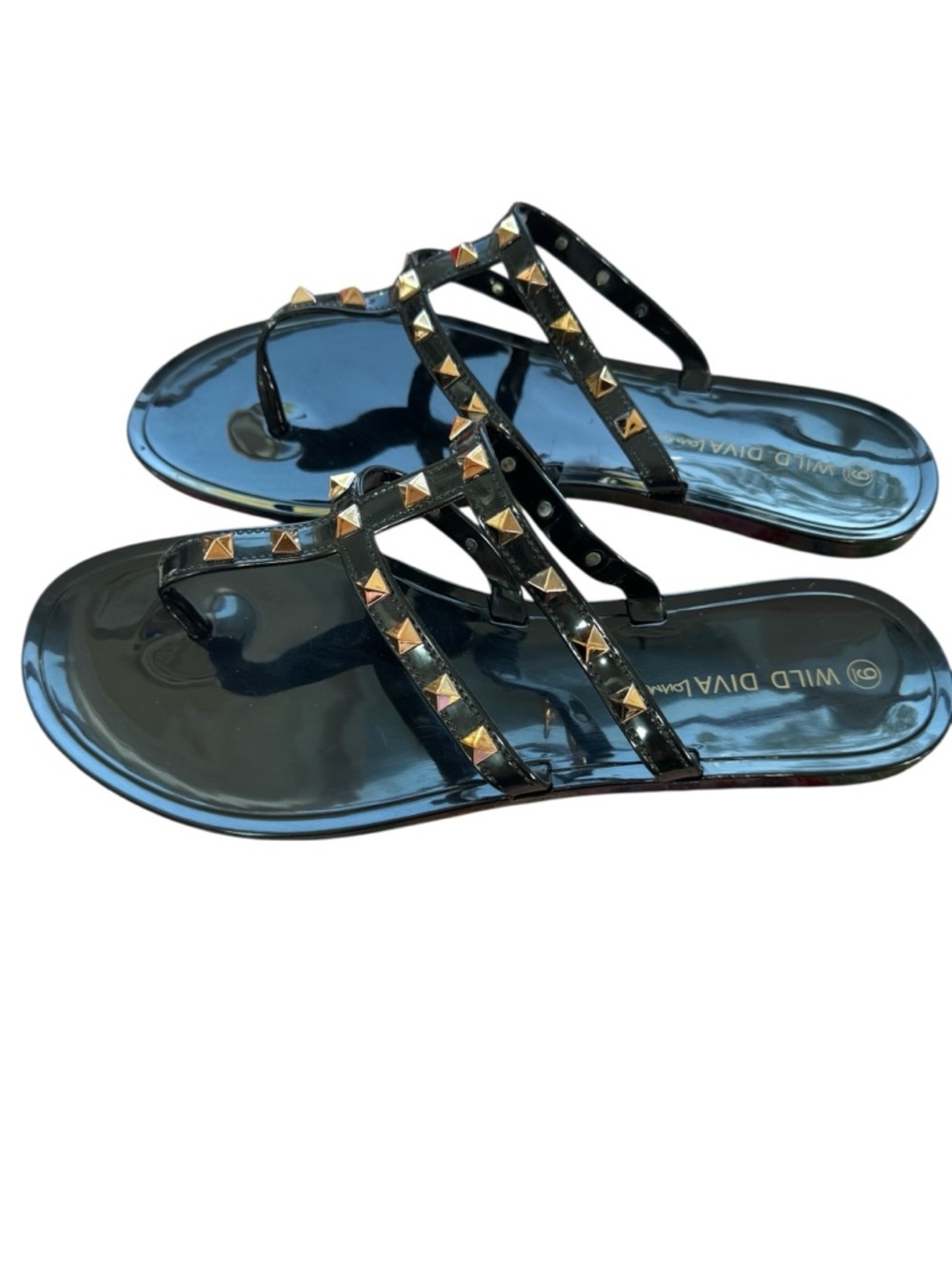 Wild Diva Studded Jelly Sandals Size 9 Black Gold Rockstud Style
